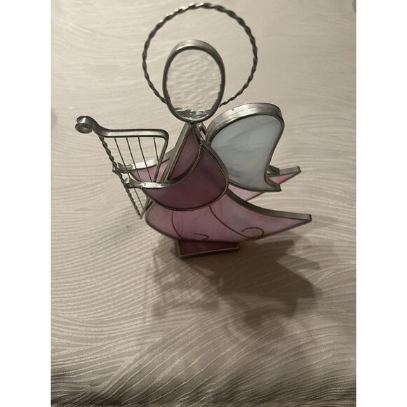 Stained Glass Angel Suncather Figurine Handmade Pink Iridescent Harp - Picture 3 of 3
